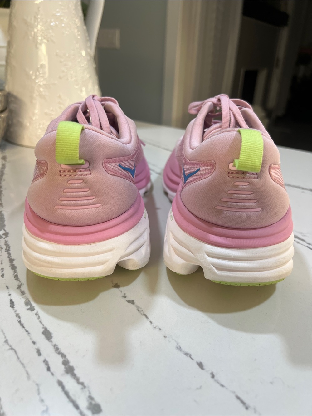 Hoka Bondi 8 Women's Pink and Neon Lime Running Shoes with Blue Logo size 8.5 - Picture 10 of 15